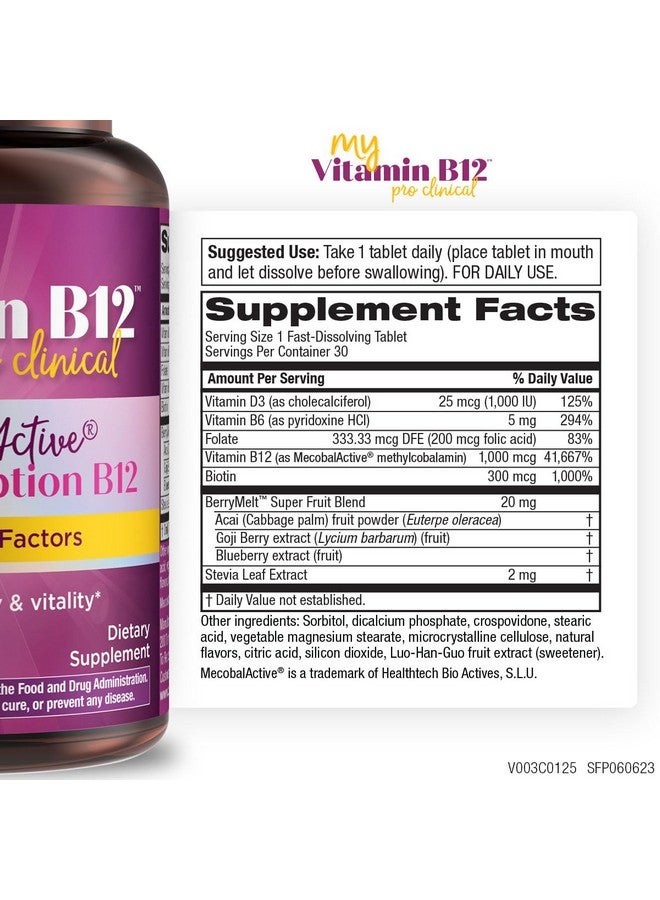 Purity Products MyVitamin B-12 ProClinical Melt Methylcobalamin B12 - Vitamins B6, D3, Folic Acid, Biotin + More - High Absorption MecobalActive B 12-30 Melting Tablets (1) - Image 2
