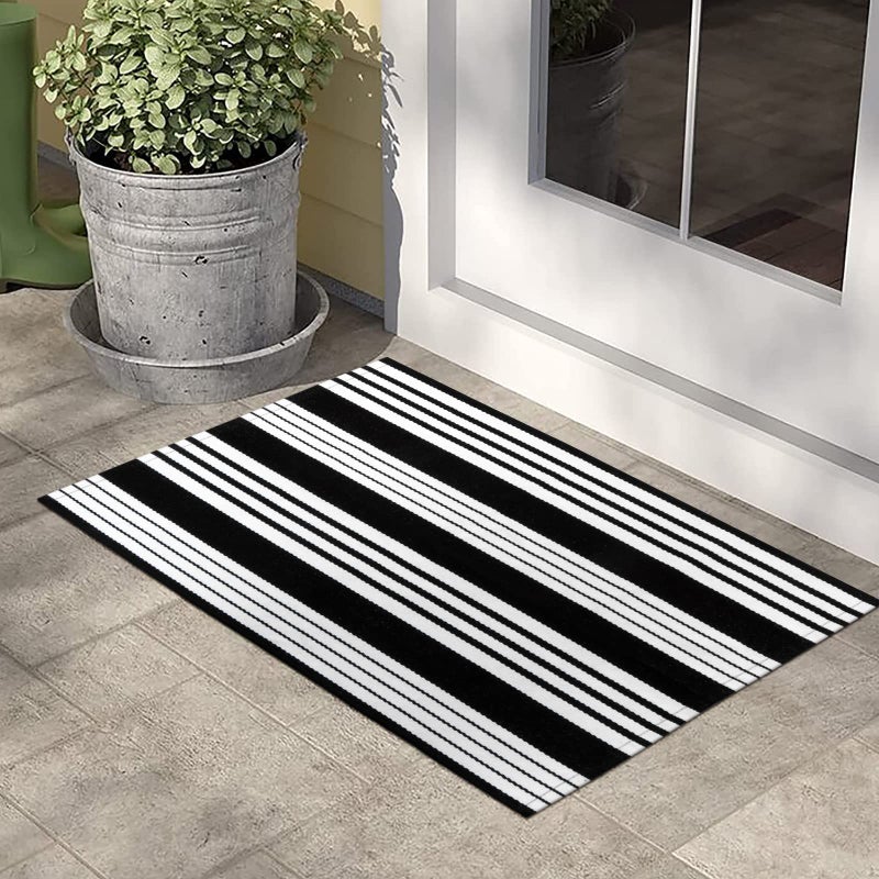LEEVAN Black and White Striped Outdoor Rug  2'x3' Cotton Modern Hand-Woven Reversible Front Porch Rug Door Mat Welcome Layered Doormat Washable Indoor Carpet for Farmhouse Laundry Room Bathroom - Image 1