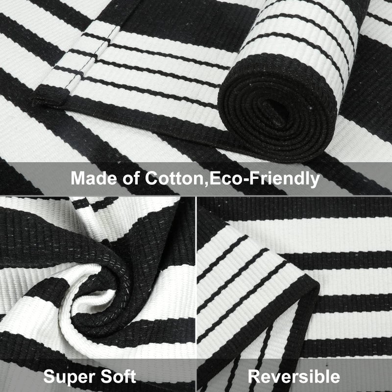 LEEVAN Black and White Striped Outdoor Rug  2'x3' Cotton Modern Hand-Woven Reversible Front Porch Rug Door Mat Welcome Layered Doormat Washable Indoor Carpet for Farmhouse Laundry Room Bathroom - Image 3