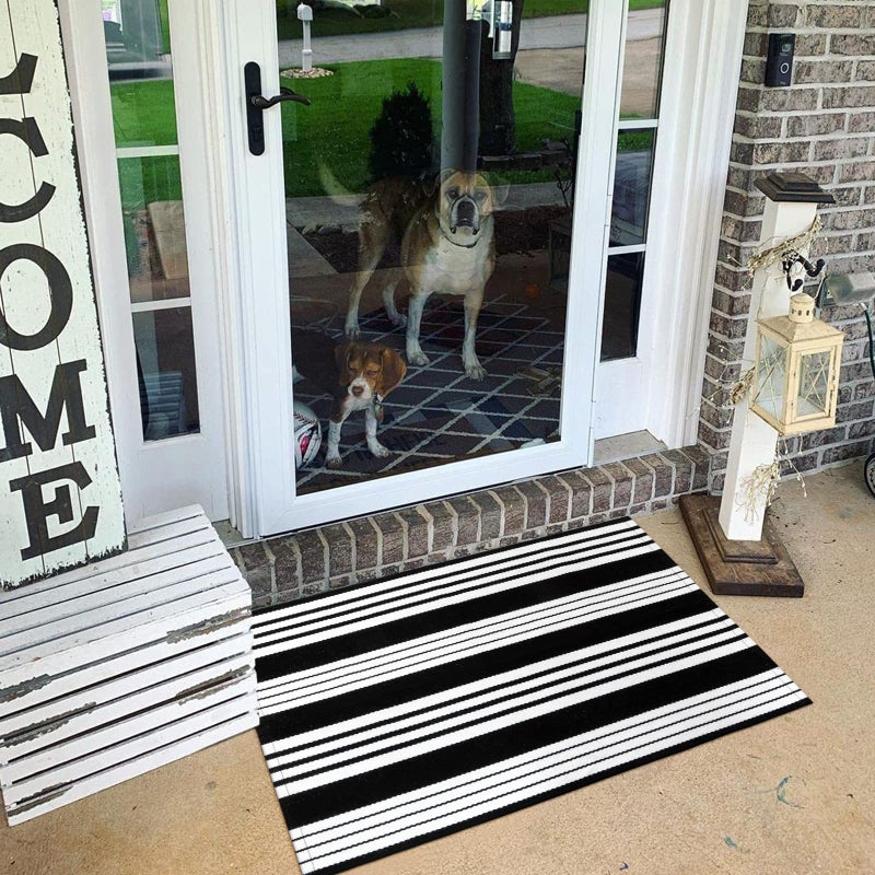 LEEVAN Black and White Striped Outdoor Rug  2'x3' Cotton Modern Hand-Woven Reversible Front Porch Rug Door Mat Welcome Layered Doormat Washable Indoor Carpet for Farmhouse Laundry Room Bathroom - Image 2