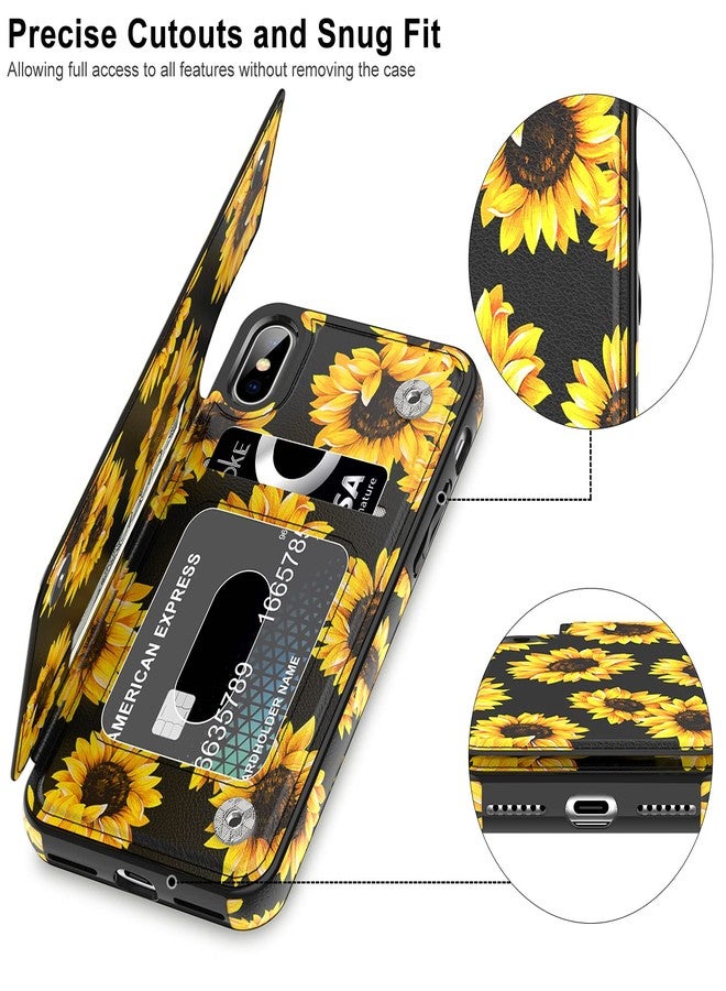 LETO for iPhone X Case,iPhone Xs Case,Leather Wallet Case with Fashionable Flower Designs for Girls Women,Flip Folio Cover Kickstand Card Slots,Protective Phone Shell Blooming Sunflowers - Image 3