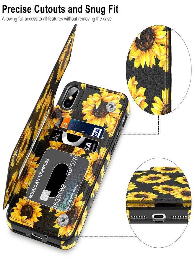 LETO for iPhone X Case,iPhone Xs Case,Leather Wallet Case with Fashionable Flower Designs for Girls Women,Flip Folio Cover Kickstand Card Slots,Protective Phone Shell Blooming Sunflowers - Image 4