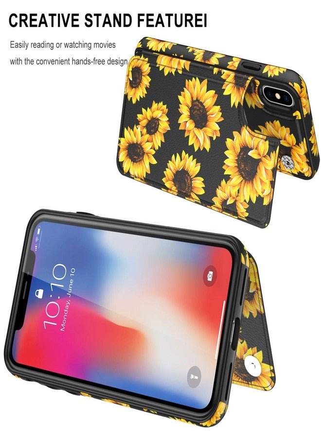LETO for iPhone X Case,iPhone Xs Case,Leather Wallet Case with Fashionable Flower Designs for Girls Women,Flip Folio Cover Kickstand Card Slots,Protective Phone Shell Blooming Sunflowers - Image 5