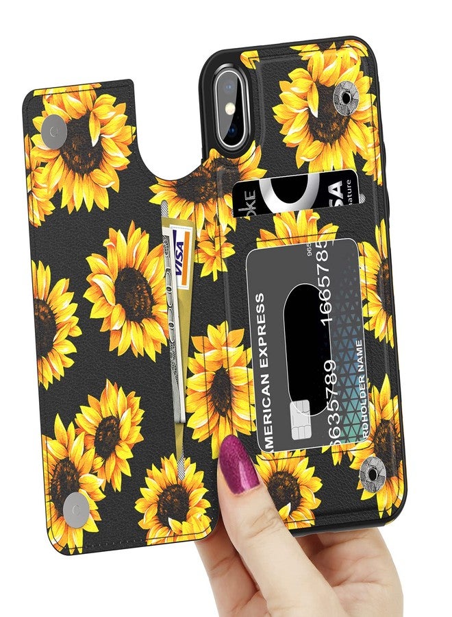 LETO for iPhone X Case,iPhone Xs Case,Leather Wallet Case with Fashionable Flower Designs for Girls Women,Flip Folio Cover Kickstand Card Slots,Protective Phone Shell Blooming Sunflowers - Image 2