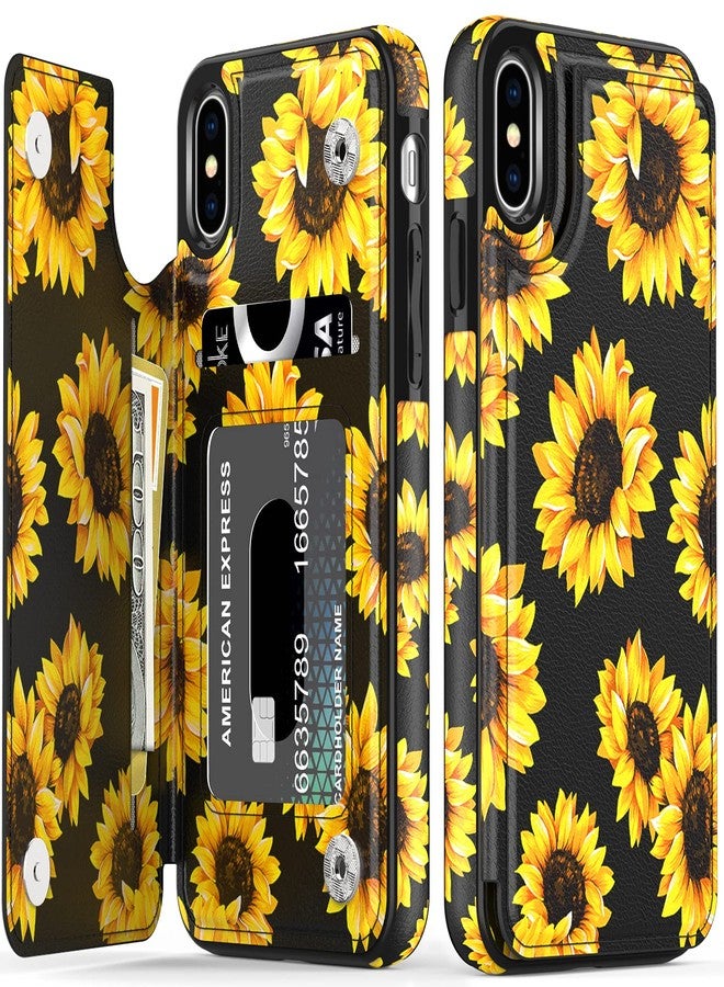 LETO for iPhone X Case,iPhone Xs Case,Leather Wallet Case with Fashionable Flower Designs for Girls Women,Flip Folio Cover Kickstand Card Slots,Protective Phone Shell Blooming Sunflowers - Image 1
