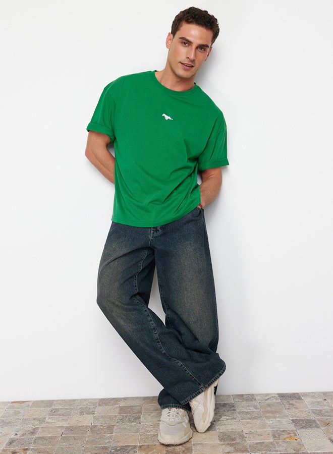 trendyol Green Oversize/Wide Cut Dinosaur Embroidered 100% Cotton T-Shirt TMNSS23TS00243 - Image 1