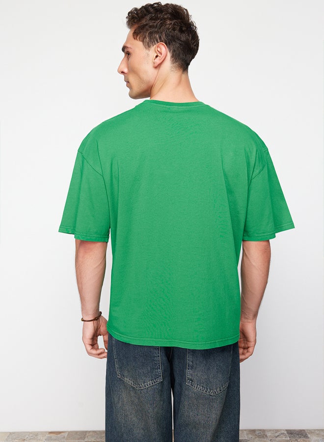 trendyol Green Oversize/Wide Cut Dinosaur Embroidered 100% Cotton T-Shirt TMNSS23TS00243 - Image 2