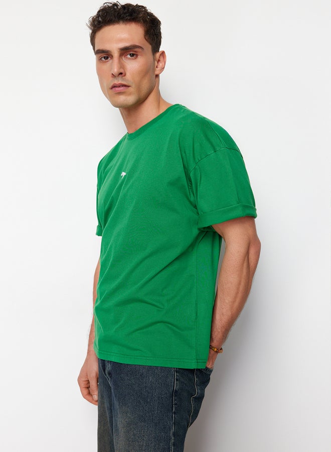 trendyol Green Oversize/Wide Cut Dinosaur Embroidered 100% Cotton T-Shirt TMNSS23TS00243 - Image 4