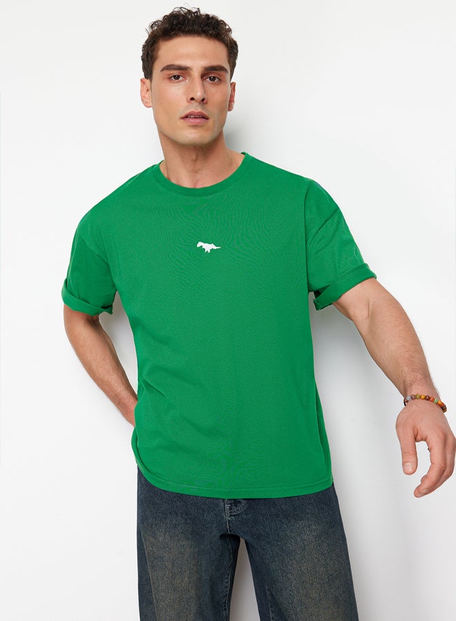 trendyol Green Oversize/Wide Cut Dinosaur Embroidered 100% Cotton T-Shirt TMNSS23TS00243 - Image 3
