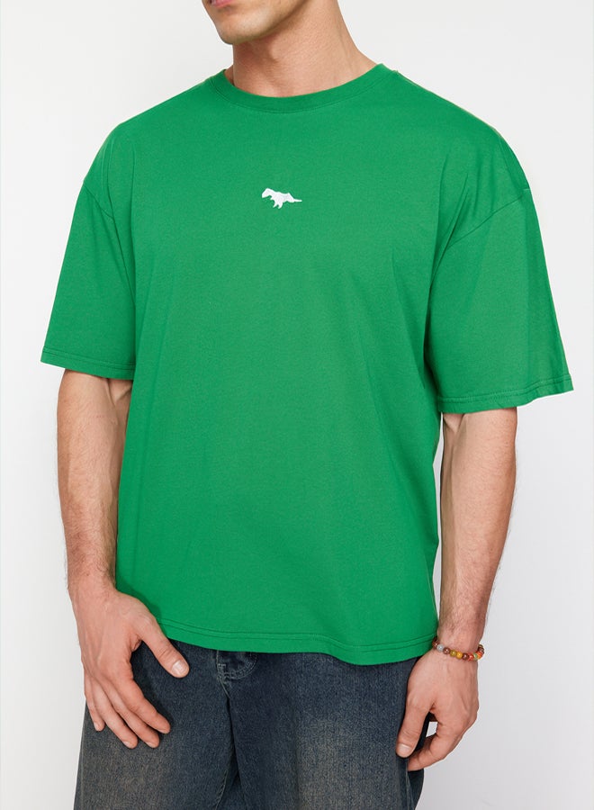 trendyol Green Oversize/Wide Cut Dinosaur Embroidered 100% Cotton T-Shirt TMNSS23TS00243 - Image 5