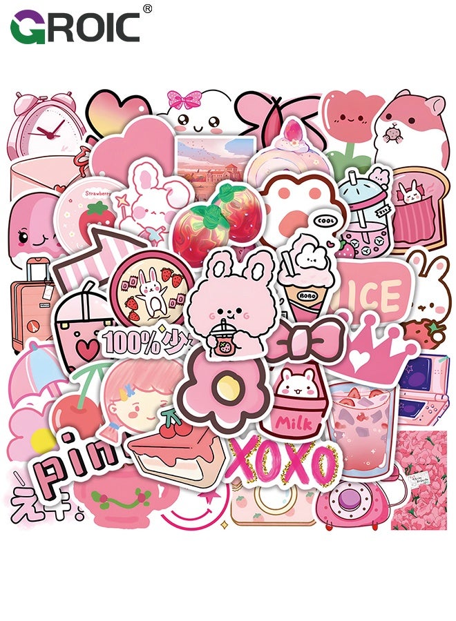 GROIC 50 Pcs Kawaii Stickers,Girl's Pink Aesthetic Stickers,Waterproof Cute Stickers Scrapbook Water Bottle Laptop Skateboard Journal Bicycle DIY Decals - Image 1