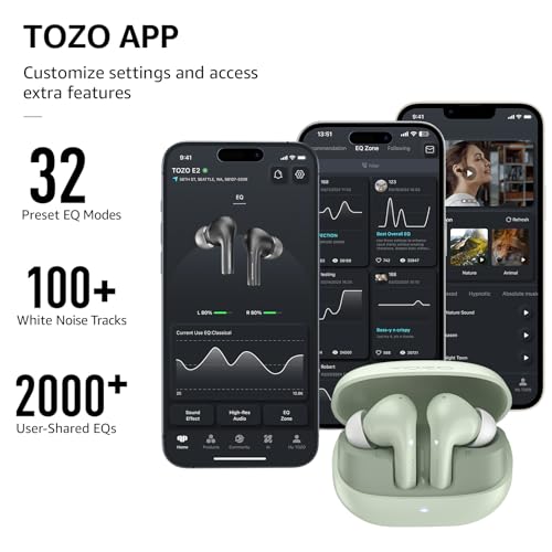 TOZO سماعات TOZO E2 اللاسلكية مع 2 ميكروفون لإلغاء الضوضاء بالذكاء الاصطناعي، محركات 10 مم مع باس قوي، تخصيص التطبيق لـ 32 معادل، 30 ساعة من وقت التشغيل، سماعات أذن بلوتوث 5.3، ملائمة مريحة في الأذن - Image 5