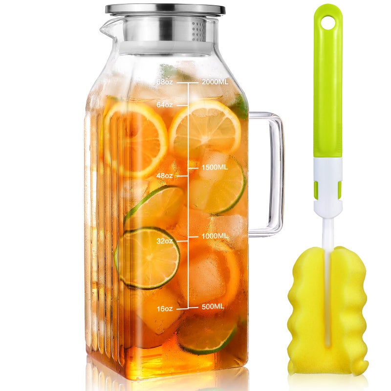 Aofmee 68oz Glass Pitcher for Fridge Door, 2 Liter Square Water Pitcher with Lid and Scale Line, Heat Resistant Tea Pitchers, Leak Proof Juice Jug, Borosilicate Glass Carafe for Hot/Cold Beverage - Image 1