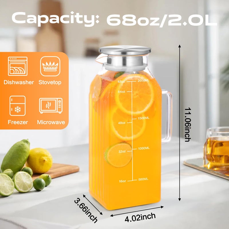 Aofmee 68oz Glass Pitcher for Fridge Door, 2 Liter Square Water Pitcher with Lid and Scale Line, Heat Resistant Tea Pitchers, Leak Proof Juice Jug, Borosilicate Glass Carafe for Hot/Cold Beverage - Image 3