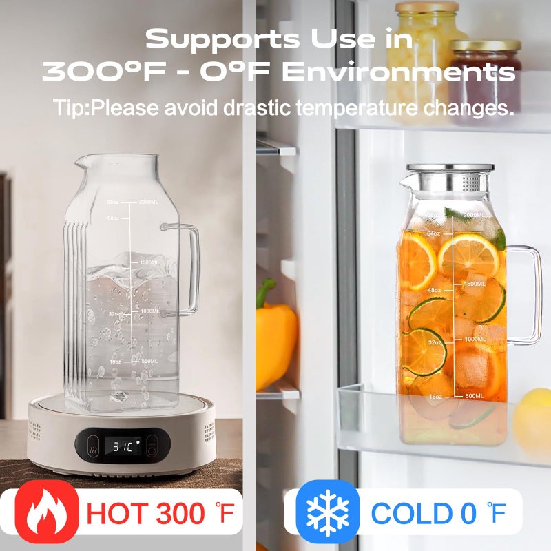Aofmee 68oz Glass Pitcher for Fridge Door, 2 Liter Square Water Pitcher with Lid and Scale Line, Heat Resistant Tea Pitchers, Leak Proof Juice Jug, Borosilicate Glass Carafe for Hot/Cold Beverage - Image 4