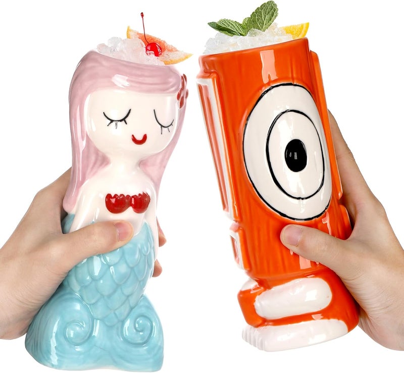Peohud 4 Pack Ceramic Tiki Mugs Exotic Tiki Glasses for Cocktails Hawaiian Party Mugs Tropical Tiki Drinking Tumbler Cups for Mai Tai Pina Colada Tiki Bar Professional Barware - Image 5