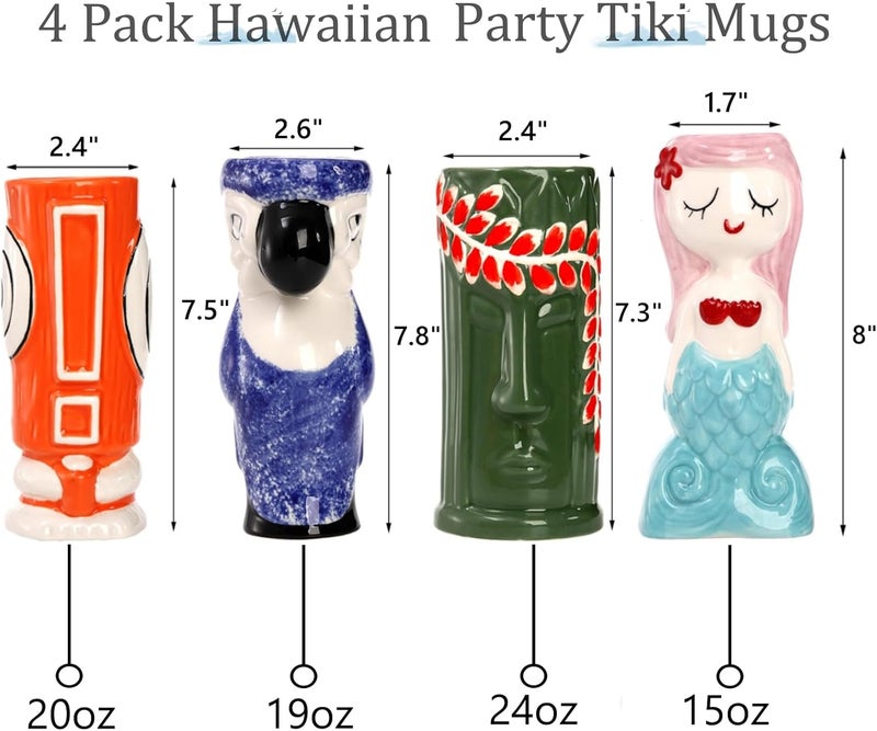 Peohud 4 Pack Ceramic Tiki Mugs Exotic Tiki Glasses for Cocktails Hawaiian Party Mugs Tropical Tiki Drinking Tumbler Cups for Mai Tai Pina Colada Tiki Bar Professional Barware - Image 2