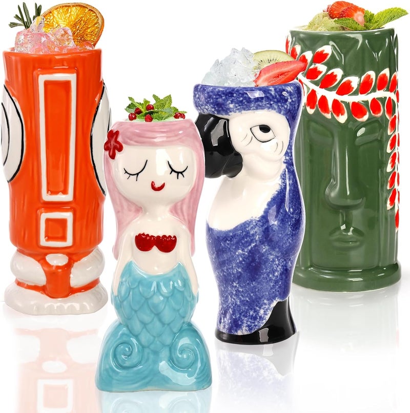Peohud 4 Pack Ceramic Tiki Mugs Exotic Tiki Glasses for Cocktails Hawaiian Party Mugs Tropical Tiki Drinking Tumbler Cups for Mai Tai Pina Colada Tiki Bar Professional Barware - Image 1
