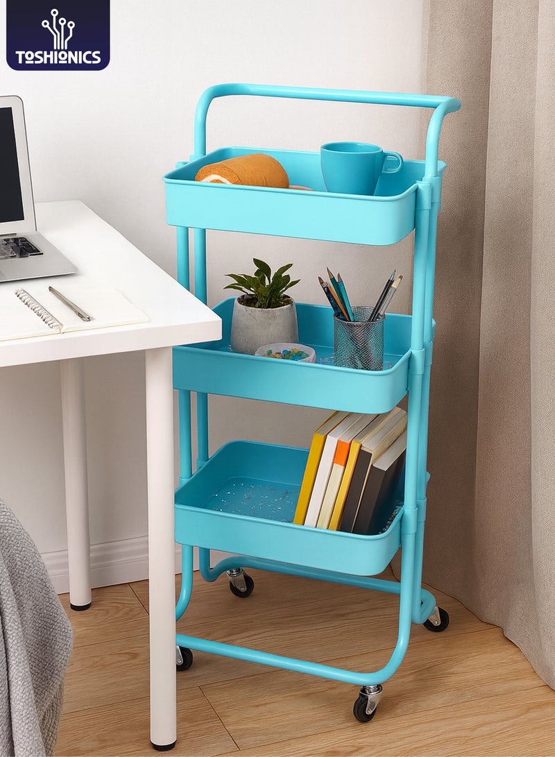 Toshionics 3 Tier Metal Utility Multipurpose Trolley Organizer Cart With Wheels For Office, Kitchen Bathroom Bedroom Blue 42x35x85cm - Image 1