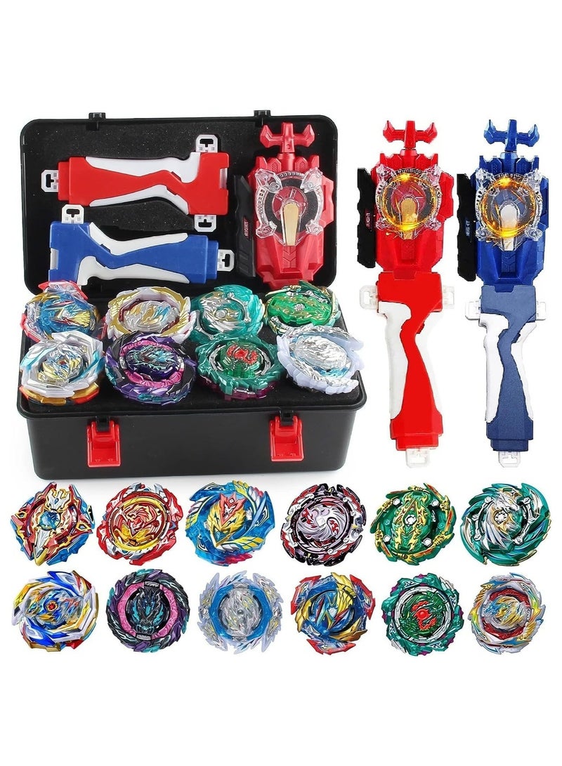 Battling Tops Box Set, Burst Gyro Toys 12 Spinning Tops + 2 Launchers + Stickers Combat Battling Game with Portable Box Gift for Kids Children Boys 499, One Size  - Image 1