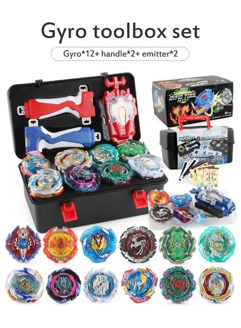 Battling Tops Box Set, Burst Gyro Toys 12 Spinning Tops + 2 Launchers + Stickers Combat Battling Game with Portable Box Gift for Kids Children Boys 499, One Size  - Image 2