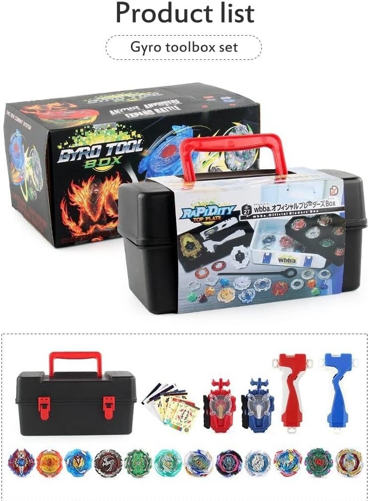 Battling Tops Box Set, Burst Gyro Toys 12 Spinning Tops + 2 Launchers + Stickers Combat Battling Game with Portable Box Gift for Kids Children Boys 499, One Size  - Image 4