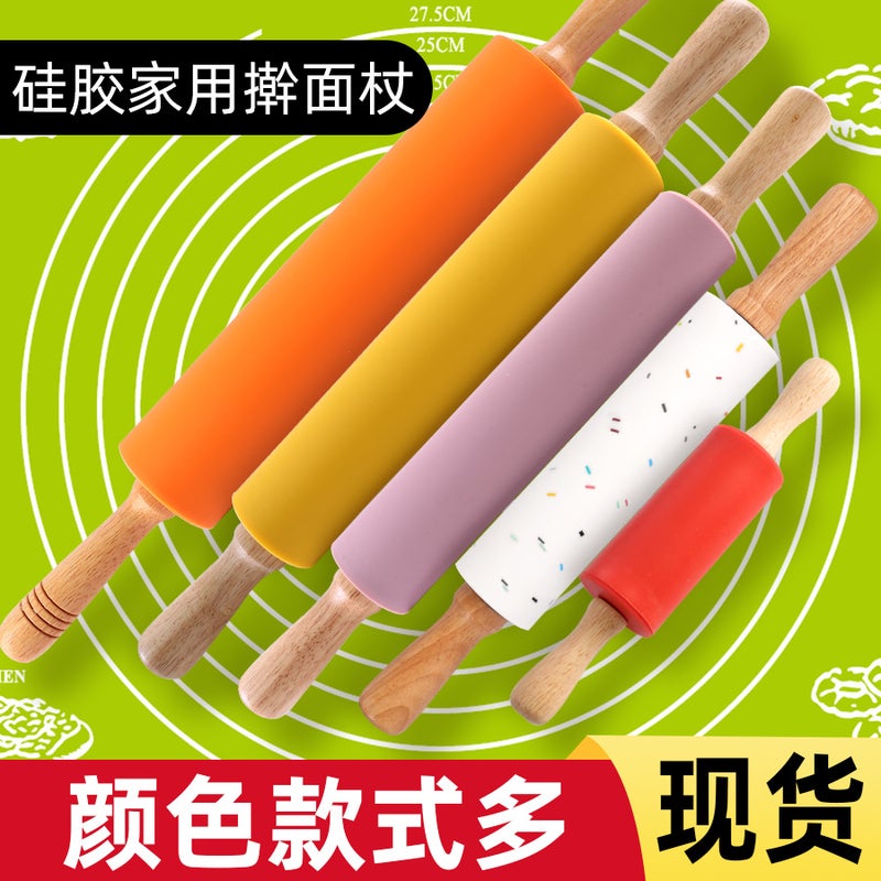 Silicone Rolling Pin Rotary Roller Rolling Pin Kitchen Wooden Handle Rolling Pin Dumpling Wafer Flour Fat Baking Utensils - Image 2
