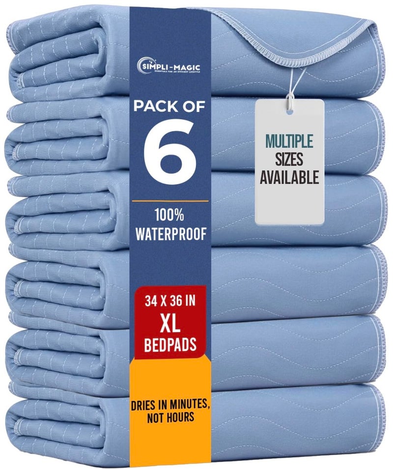 Simpli-Magic Washable Underpads, 34"x36" (Pack of 6) - Heavy Absorbency Reusable Bedwetting Incontinence Pads for Kids,Adults,Elderly,and Pets - Waterproof Protective Pad for Bed,Couch,Sofa,Floor - Image 1