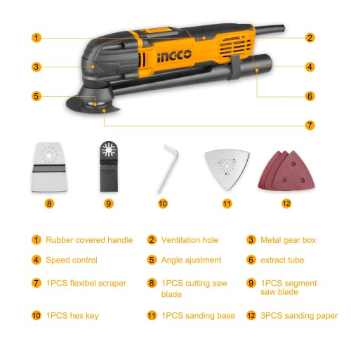 Ingco MF3008 Multi-Tool Kit, 300W, 10000-20000RPM, 6 Speed Control, Angle Adjustment & 8Pcs Accessories - Image 3