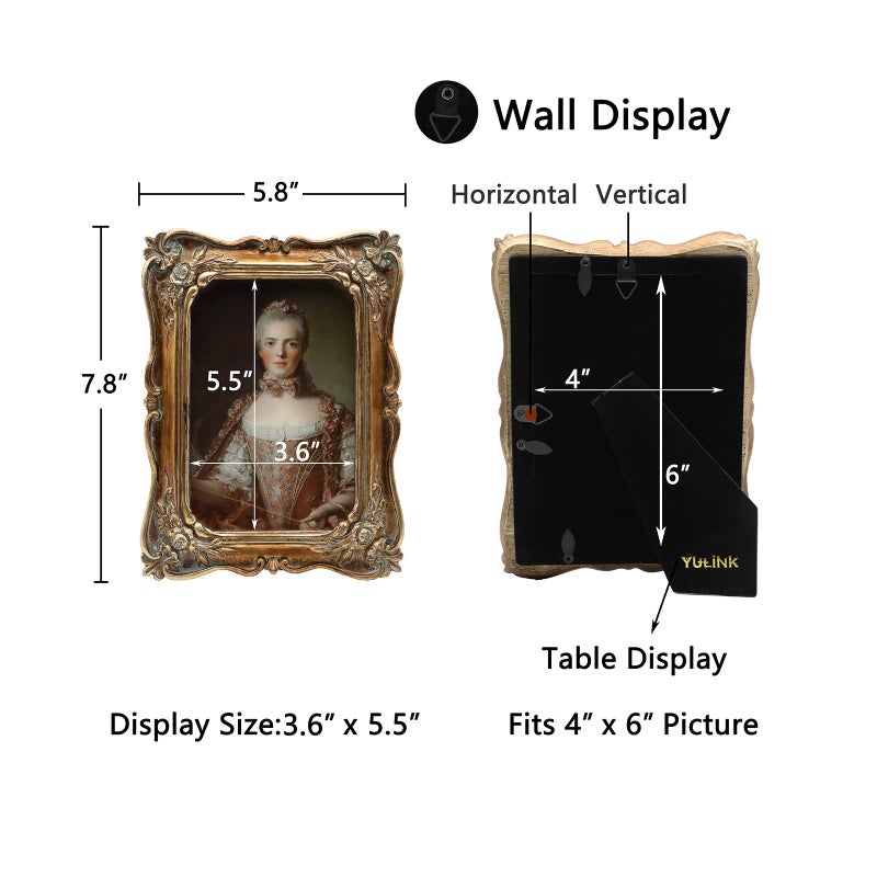 YULINK 4x6 Vintage Picture Frame  Antique Ornate Bronze Gold Photo Frame  for Tabletop and Wall Display  Decorative Retro Home Decor  Old Fashioned Photo Gallery Art - Image 5