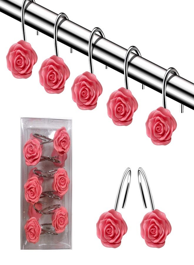 DLD 12 PCS Home Fashion Decorative Anti Rust Shower Curtain Hooks Rose Design Shower Curtain Rings Hooks(Pink) - Image 1