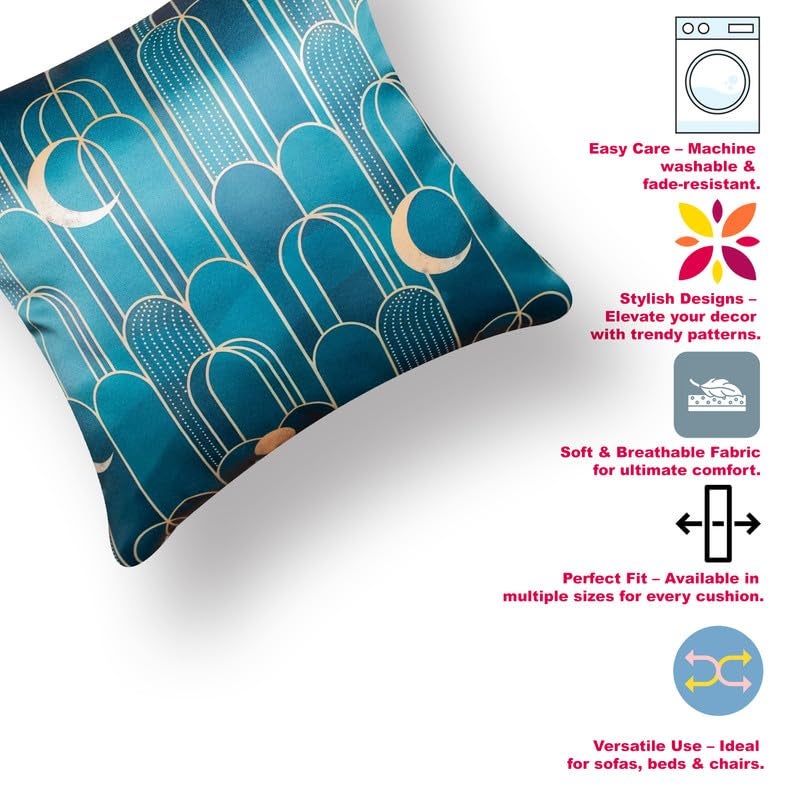 Vendola Decorative Satin Sofa Cushion Covers Set of 5, 24 Inch x 24 Inch, Sofa Pillow Cover, Green and Blue, Geometrical Design, Zipper Closure (Verdent, 24X24 Inches) - Image 2