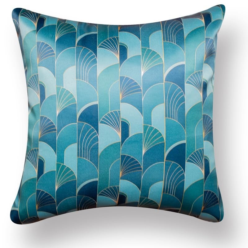Vendola Decorative Satin Sofa Cushion Covers Set of 5, 24 Inch x 24 Inch, Sofa Pillow Cover, Green and Blue, Geometrical Design, Zipper Closure (Verdent, 24X24 Inches) - Image 4