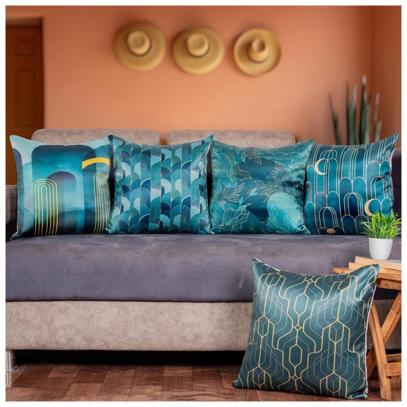 Vendola Decorative Satin Sofa Cushion Covers Set of 5, 24 Inch x 24 Inch, Sofa Pillow Cover, Green and Blue, Geometrical Design, Zipper Closure (Verdent, 24X24 Inches) - Image 1