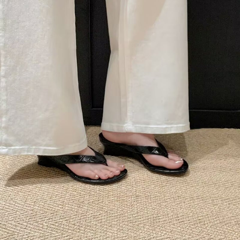 Women's Black Patent Leather Wedge Flip Flops - Image 2