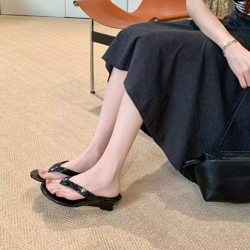 Women's Black Patent Leather Wedge Flip Flops - Image 3