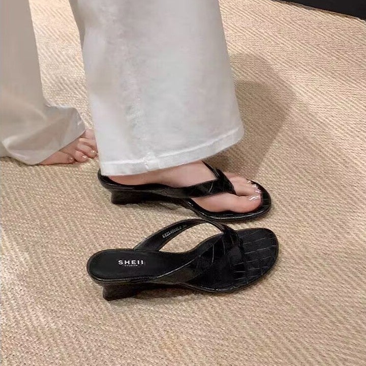 Women's Black Patent Leather Wedge Flip Flops - Image 1