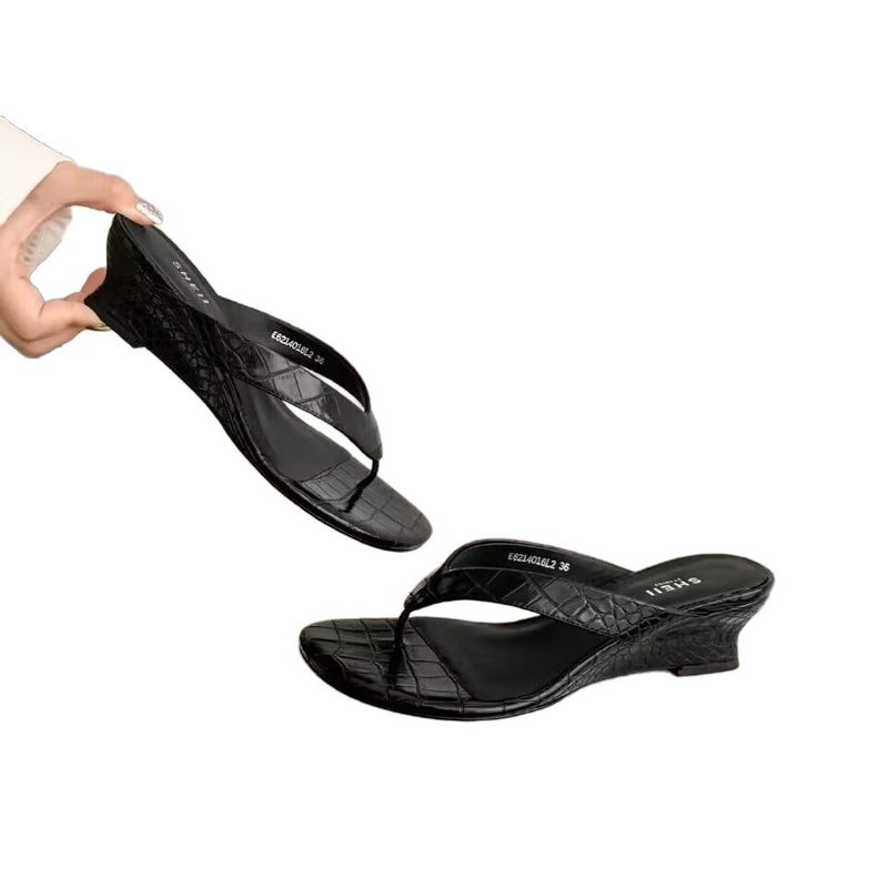 Women's Black Patent Leather Wedge Flip Flops - Image 5