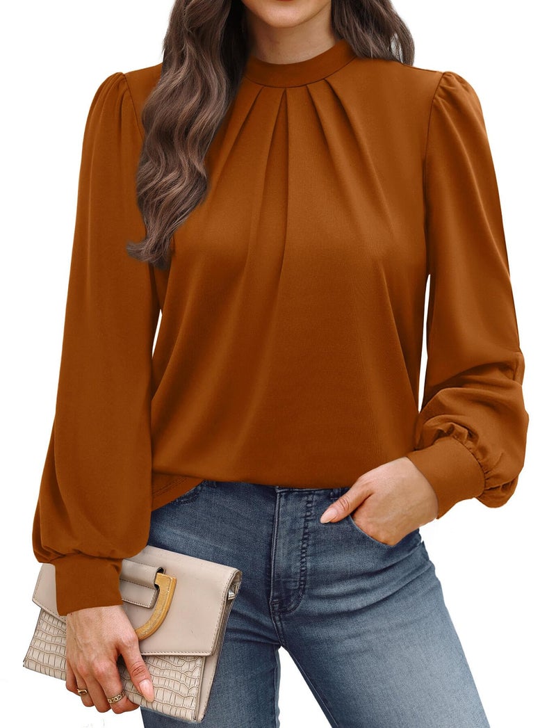 WIHOLL Fall Outfits for Women 2026 Long Sleeve Shirts for Women Blouses Business Casual Womens Tops Mock Neck Tunic Fall Tops Pleated Winter Clothes Fashion Clothing Caramel S - Image 1