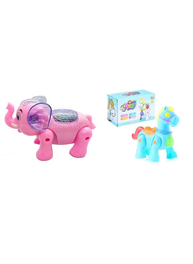 Manos Manos Musical & Light Pony Horse and Elephant Moving Animal | Baby Toddler | Sound Toy| Combo Pack for Kids | Baby  - Image 1