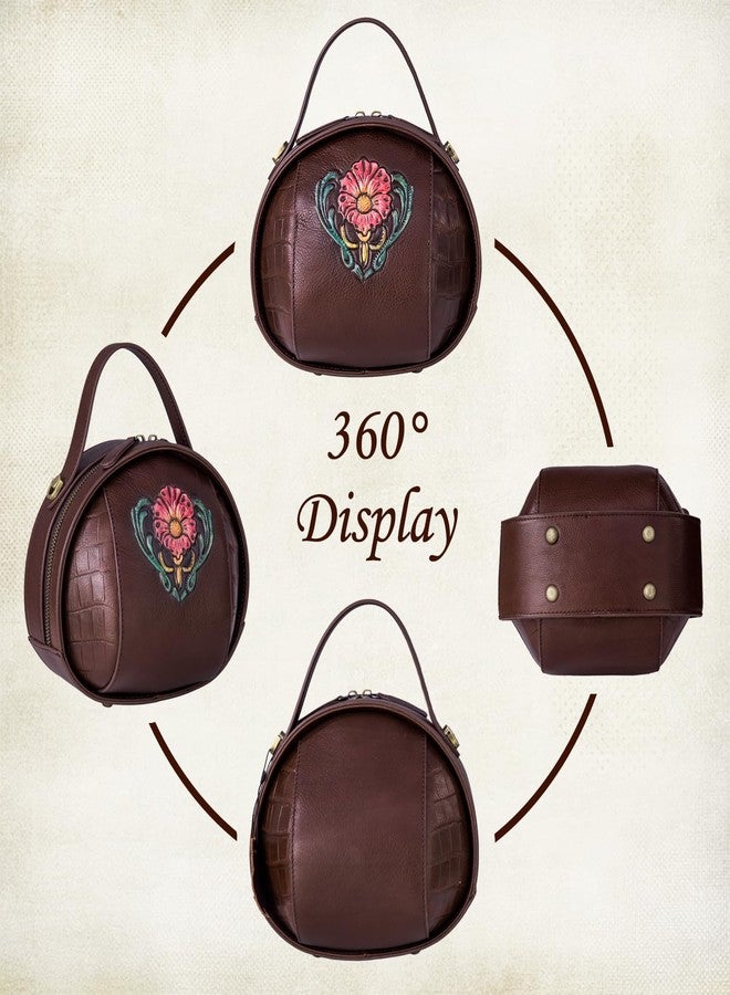 SHARPAD Genuine Leather Vintage Bag for Women - Cowhide Leather Crossbody Purse - Flower Embossed Handbag, Brown, Medium - Image 4