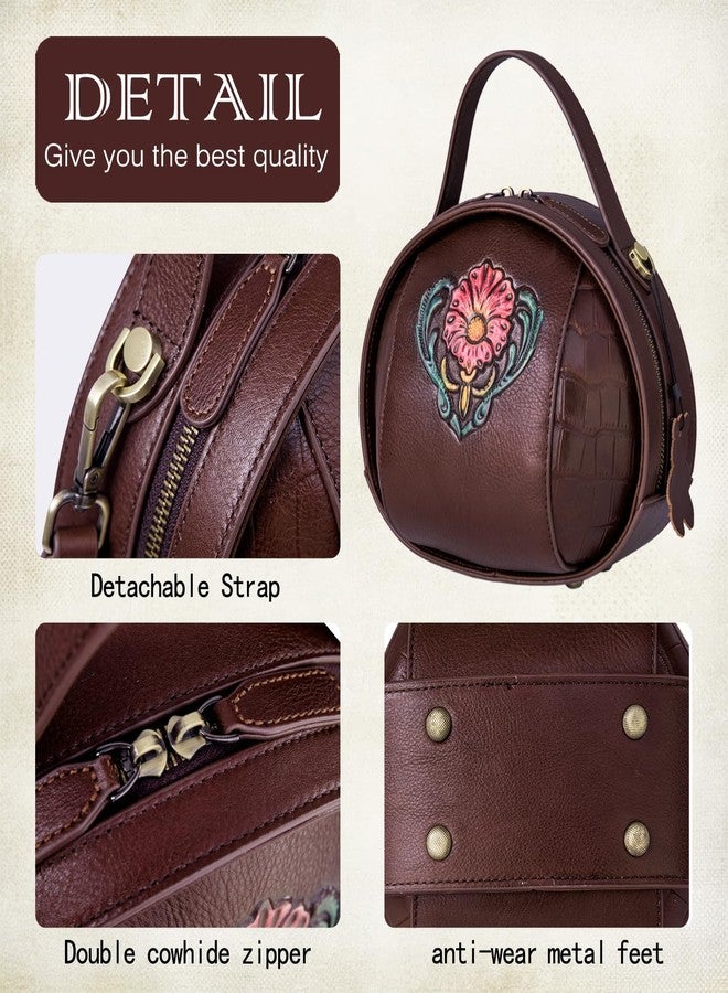 SHARPAD Genuine Leather Vintage Bag for Women - Cowhide Leather Crossbody Purse - Flower Embossed Handbag, Brown, Medium - Image 5