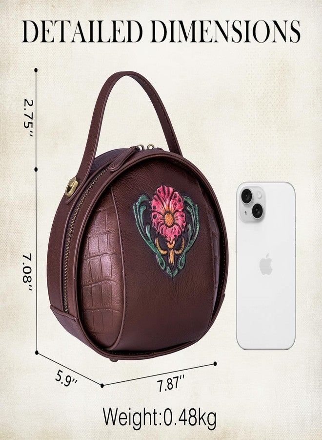 SHARPAD Genuine Leather Vintage Bag for Women - Cowhide Leather Crossbody Purse - Flower Embossed Handbag, Brown, Medium - Image 3