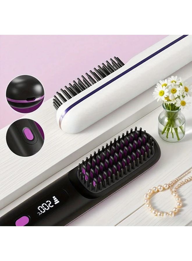 White Wireless Hair Straightener Brush 30W Ceramic 3 Temperature LED Display For Home Travel Gift - Image 2