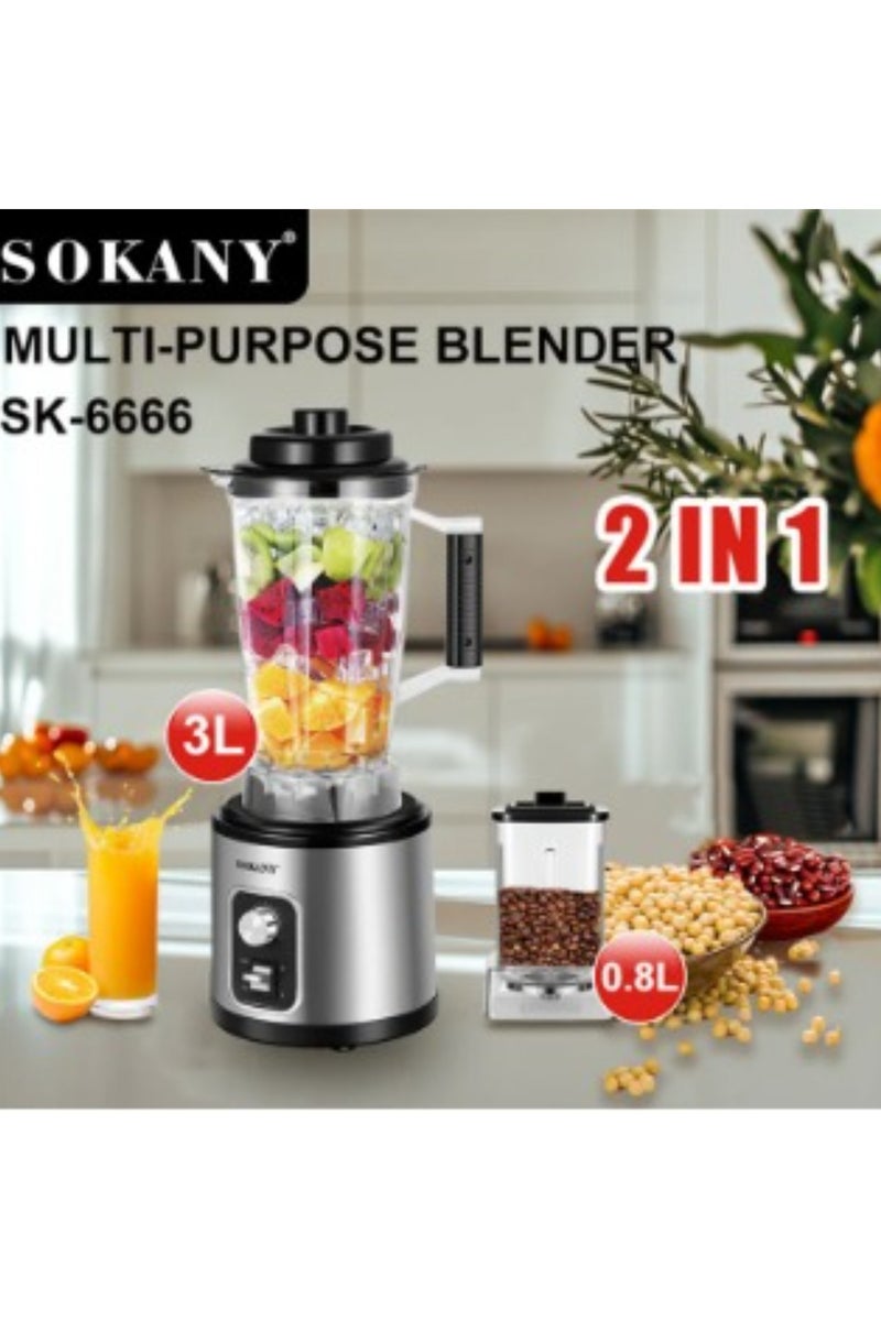سوكاني خلاط 2 في 1، موتور قوي مع إعدادين للسرعة ووظيفة النبض| أكواب شفافة وغير قابلة للكسر مع شفرات من الفولاذ المقاوم للصدأ، ملحق طاحونة| مثالي لتحضير العصائر، والميلك شيك، وما إلى ذلك وطحن الحبوب، جوز الهند، والمكسرات، وما إلى ذلك. خلاط متعدد الاستخدامات SK-6666 - Image 2