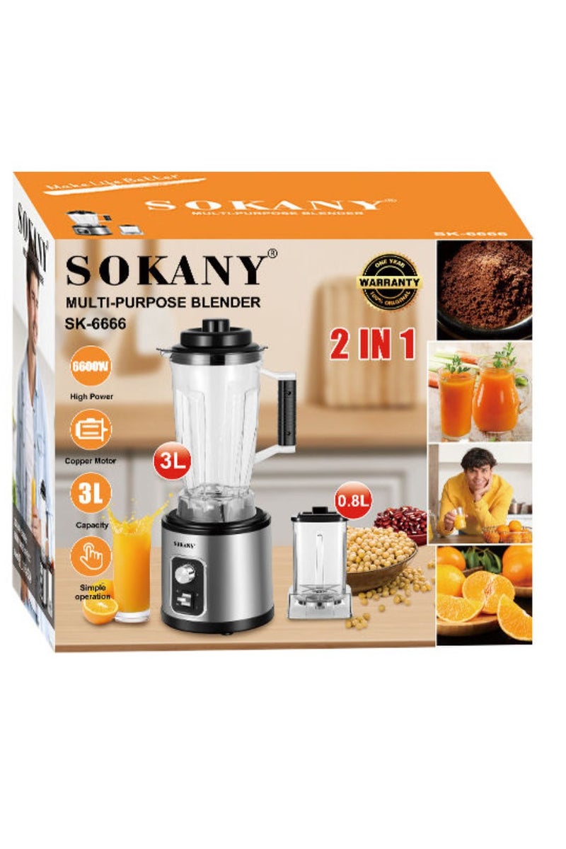 سوكاني خلاط 2 في 1، موتور قوي مع إعدادين للسرعة ووظيفة النبض| أكواب شفافة وغير قابلة للكسر مع شفرات من الفولاذ المقاوم للصدأ، ملحق طاحونة| مثالي لتحضير العصائر، والميلك شيك، وما إلى ذلك وطحن الحبوب، جوز الهند، والمكسرات، وما إلى ذلك. خلاط متعدد الاستخدامات SK-6666 - Image 3