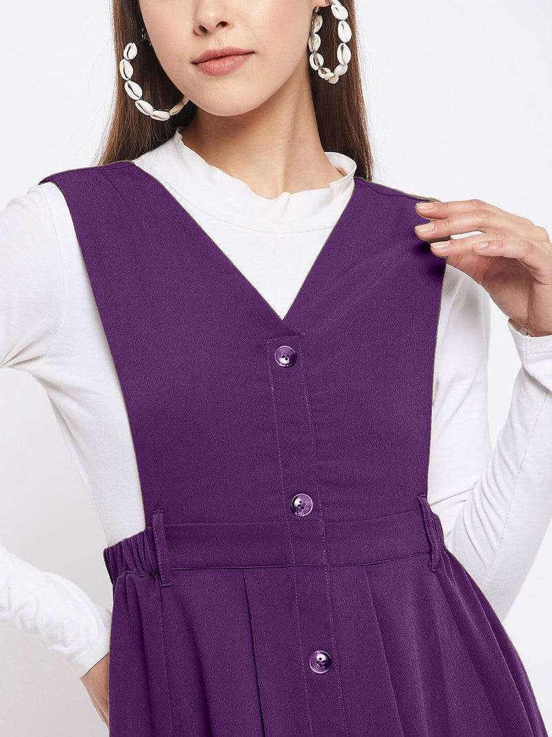 WineRed Women Purple Solid Pinafore Dress with Button - Image 5