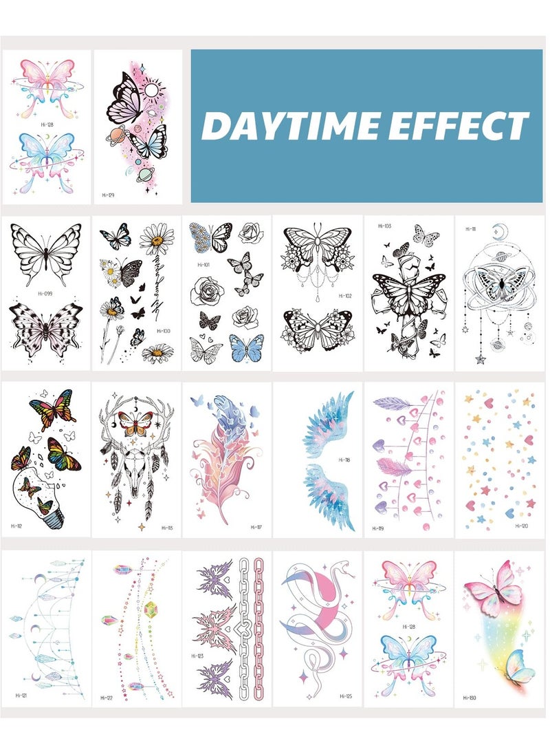 SYOSI 20 Sheets Glow In The Dark Butterfly Temporary Tattoos for Women Girls, Luminous Flower Butterflies Wings Kids Fake Tattoo Stickers Art Makeup Waterproof for Face Body Arm Party Favors  - Image 3