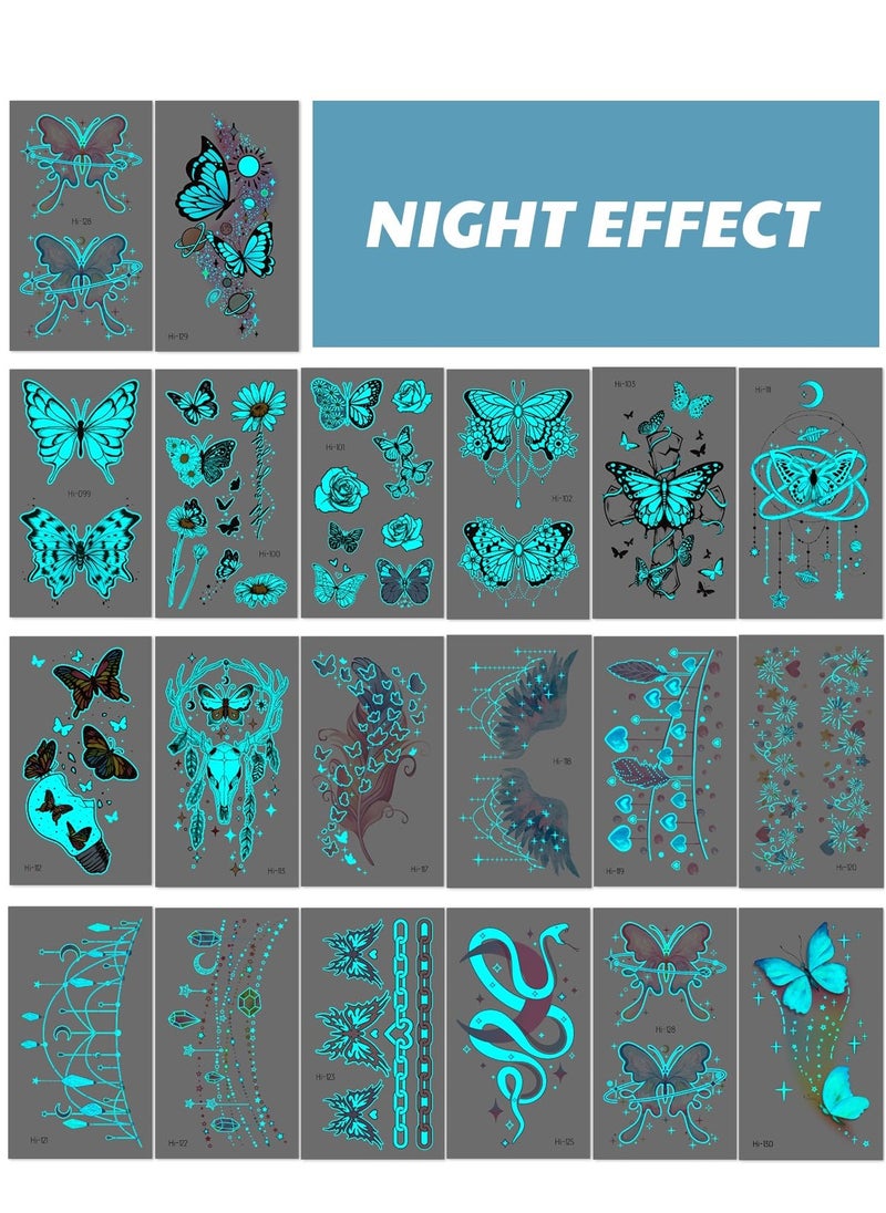 SYOSI 20 Sheets Glow In The Dark Butterfly Temporary Tattoos for Women Girls, Luminous Flower Butterflies Wings Kids Fake Tattoo Stickers Art Makeup Waterproof for Face Body Arm Party Favors  - Image 4