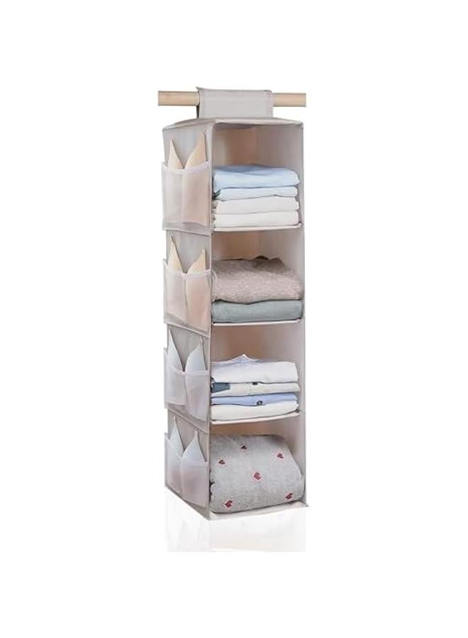 4-Shelf Hanging Closet Organizer with 8 Side Pockets for Clothes Shoes, Hanging Shelves for Closet, Fabric 80x30x22CM(Grey)